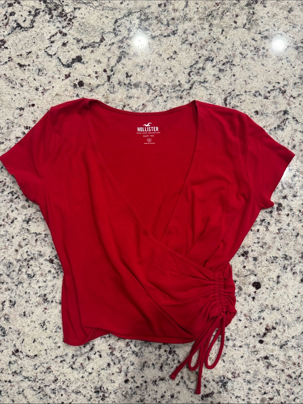 Hollister Red Faux-Wrap Short Sleeve Crop Top with Side Tie